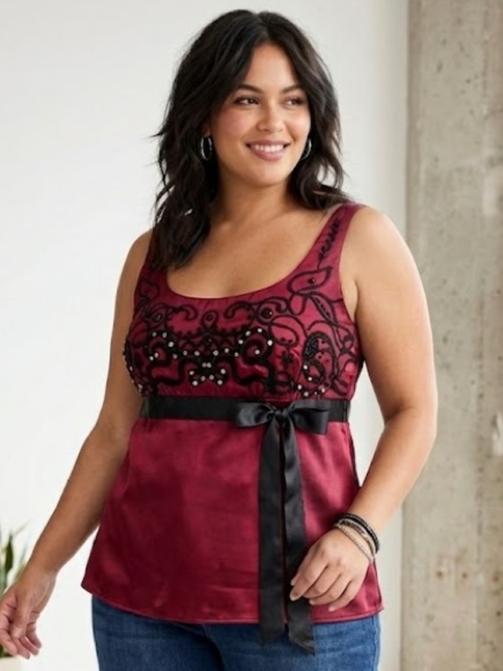 Y2K Maroon Satin Babydoll Top 16 Whimsygoth Embroidered Tie Cami Tank LaneBryant
